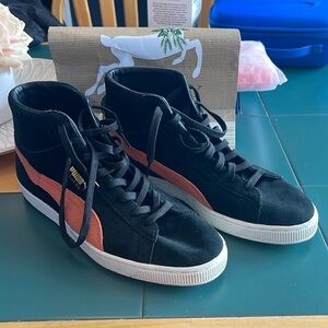 Puma Suede Hi Top black orange stripe size 11